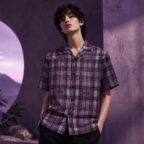 Lila Grunge Tartan Unisex Hemd mit Knöpfen – Hemden – SHiiRTS