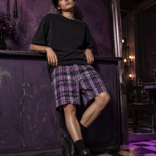 Lila Grunge Tartan Unisex Baumwoll-Long-Shorts – Shorts – SHiiRTS