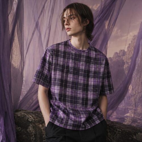 Lila Grunge Tartan Oversized Baumwoll-T-Shirt – T-Shirts – SHiiRTS