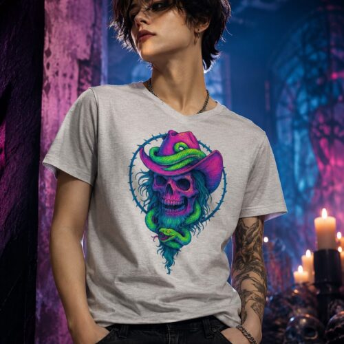 Psychedelischer Schlangen Cowboy Kurzärmeliges Unisex-T-Shirt mit V-Ausschnitt – T-Shirts – SHiiRTS