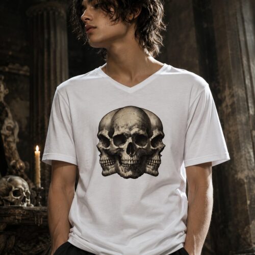 Dreifacher Totenschädel Kurzärmeliges Unisex-T-Shirt mit V-Ausschnitt – T-Shirts – SHiiRTS