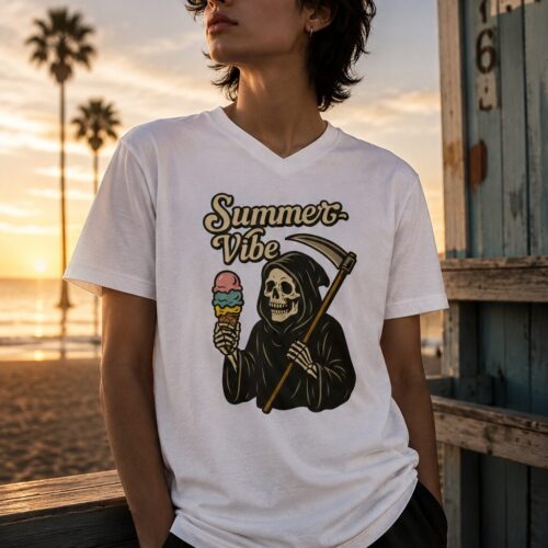 Summer Vibe Reaper Kurzärmeliges Unisex-T-Shirt mit V-Ausschnitt – T-Shirts – SHiiRTS