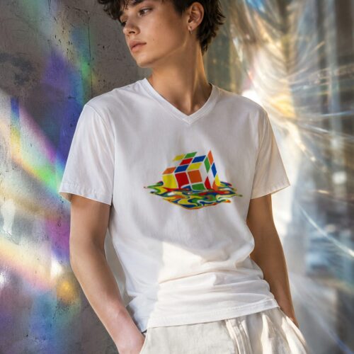 Schmelzender Retro Würfel Kurzärmeliges Unisex-T-Shirt mit V-Ausschnitt – T-Shirts – SHiiRTS