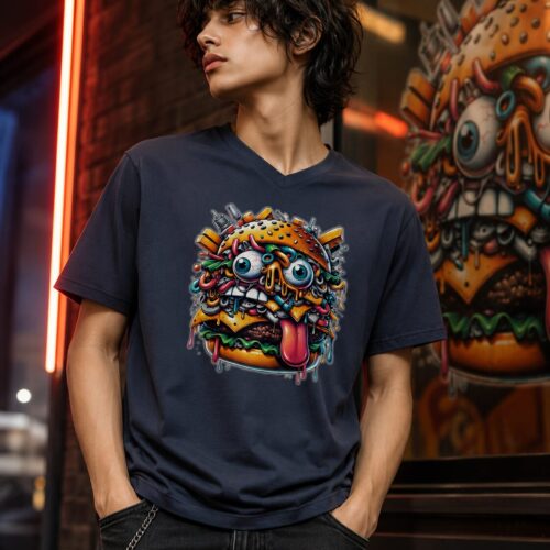 Verrückter Monster Burger Kurzärmeliges Unisex-T-Shirt mit V-Ausschnitt – T-Shirts – SHiiRTS