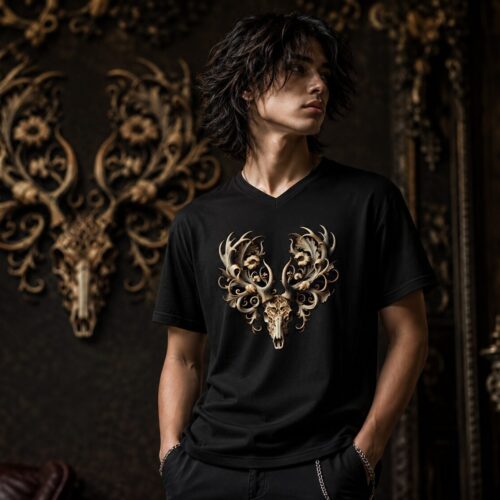 Ornamentaler Hirschschädel Kurzärmeliges Unisex-T-Shirt mit V-Ausschnitt – T-Shirts – SHiiRTS