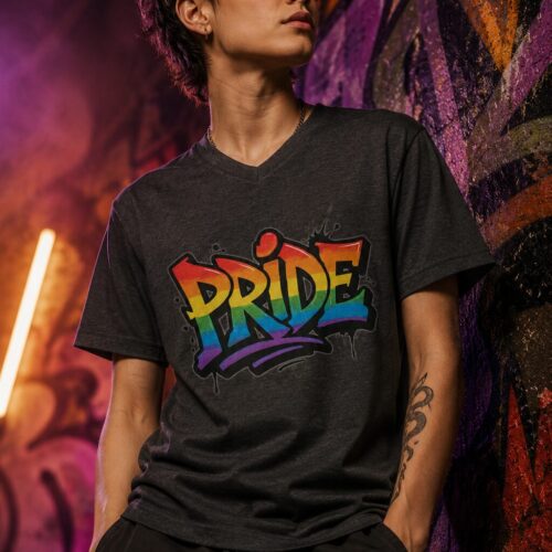 Pride Graffiti Statement Kurzärmeliges Unisex-T-Shirt mit V-Ausschnitt – T-Shirts – SHiiRTS