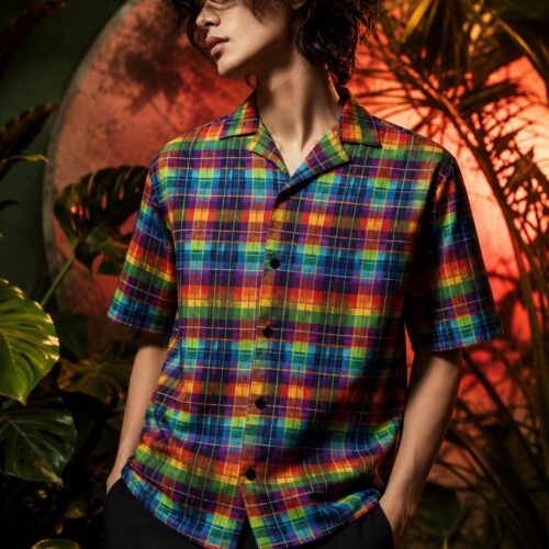 Regenbogen Tartan Explosion Unisex Hemd mit Knöpfen – Hemden – SHiiRTS