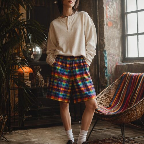 Regenbogen Tartan Explosion Unisex Baumwoll-Long-Shorts – Shorts – SHiiRTS