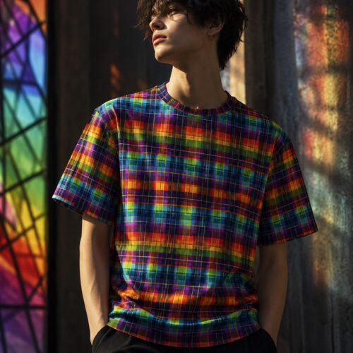 Regenbogen Tartan Explosion Oversized Baumwoll-T-Shirt – T-Shirts – SHiiRTS
