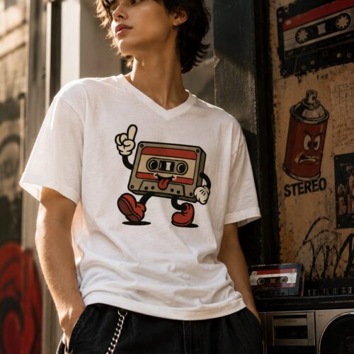Retro Kassetten Chaos Kurzärmeliges Unisex-T-Shirt mit V-Ausschnitt – T-Shirts – SHiiRTS