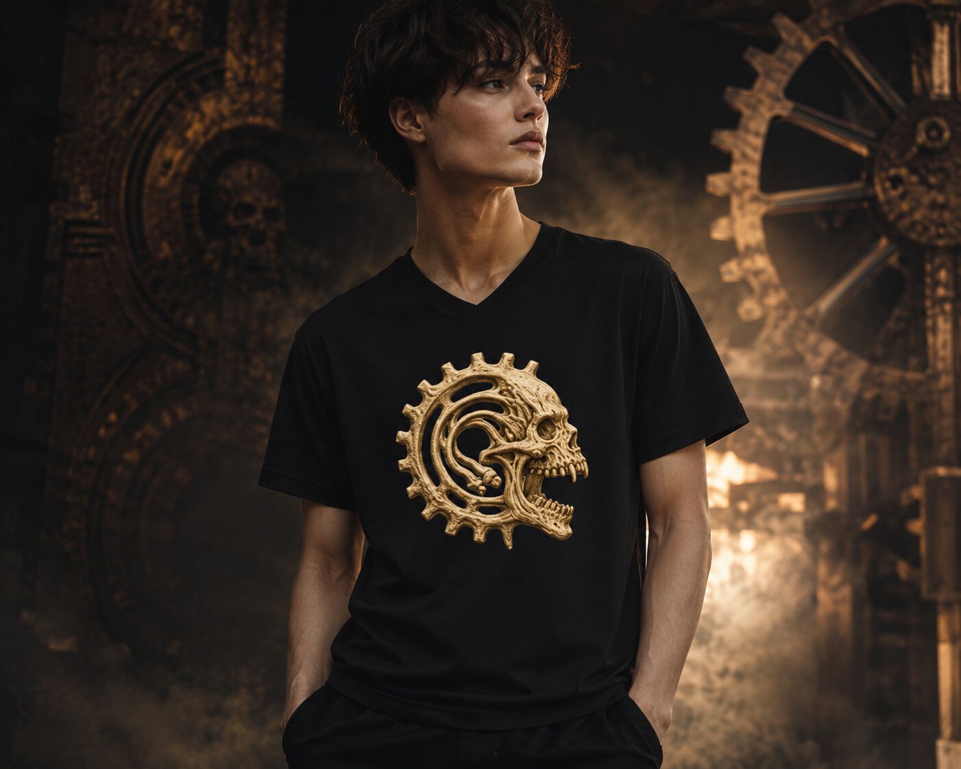 Mechanischer Knochenschädel Kurzärmeliges Unisex-T-Shirt mit V-Ausschnitt – T-Shirts – SHiiRTS Mechanischer Knochenschädel Kurzärmeliges Unisex-T-Shirt mit V-Ausschnitt – T-Shirts – SHiiRTS