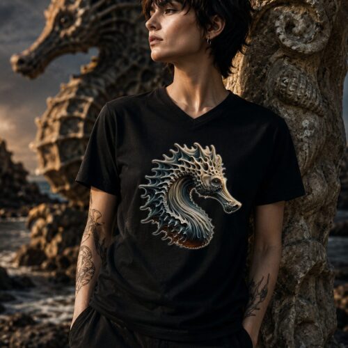 Mystisches Seepferdchen Kurzärmeliges Unisex-T-Shirt mit V-Ausschnitt – T-Shirts – SHiiRTS