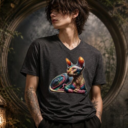 Psychedelische Sphinxkatze Kurzärmeliges Unisex-T-Shirt mit V-Ausschnitt – T-Shirts – SHiiRTS