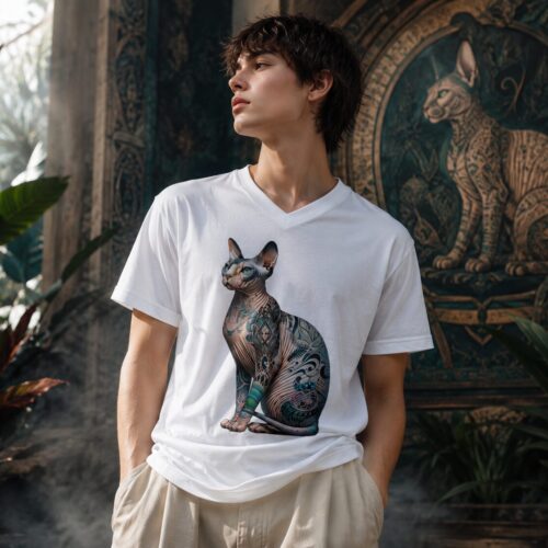 Tätowierte Sphynx Eleganz Kurzärmeliges Unisex-T-Shirt mit V-Ausschnitt – T-Shirts – SHiiRTS