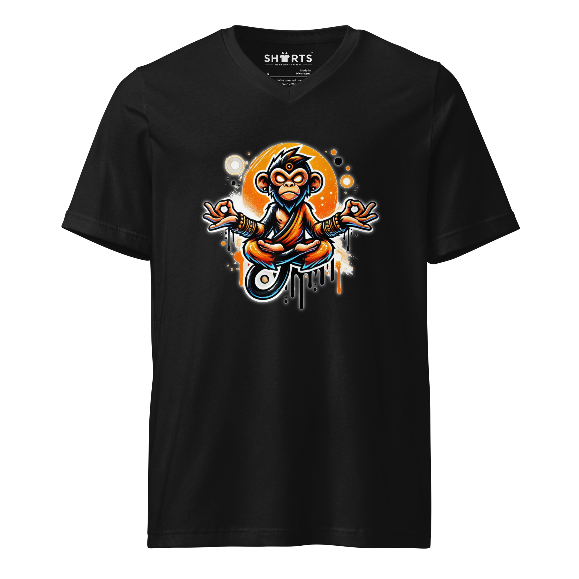 Meditierender Zen Affe Kurzärmeliges Unisex-T-Shirt mit V-Ausschnitt – T-Shirts – SHiiRTS Meditierender Zen Affe Kurzärmeliges Unisex-T-Shirt mit V-Ausschnitt – T-Shirts – SHiiRTS