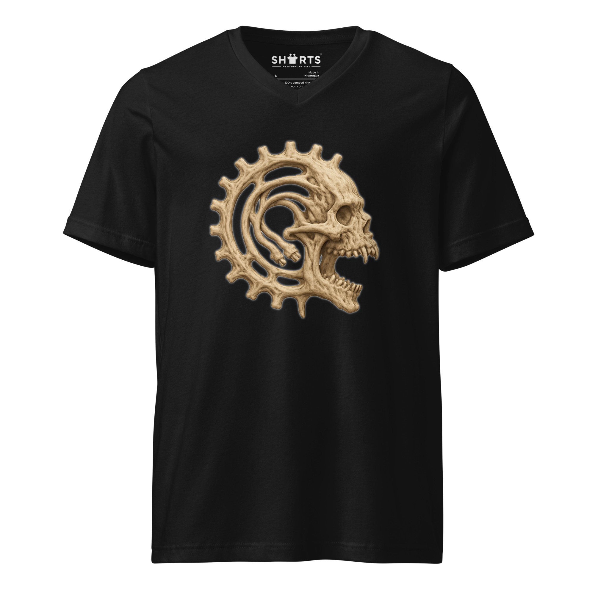Mechanischer Knochenschädel Kurzärmeliges Unisex-T-Shirt mit V-Ausschnitt – T-Shirts – SHiiRTS Mechanischer Knochenschädel Kurzärmeliges Unisex-T-Shirt mit V-Ausschnitt – T-Shirts – SHiiRTS