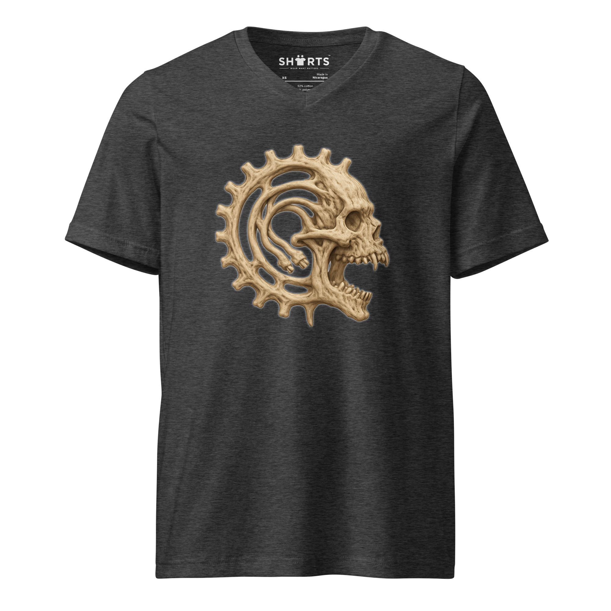 Mechanischer Knochenschädel Kurzärmeliges Unisex-T-Shirt mit V-Ausschnitt – T-Shirts – SHiiRTS Mechanischer Knochenschädel Kurzärmeliges Unisex-T-Shirt mit V-Ausschnitt – T-Shirts – SHiiRTS