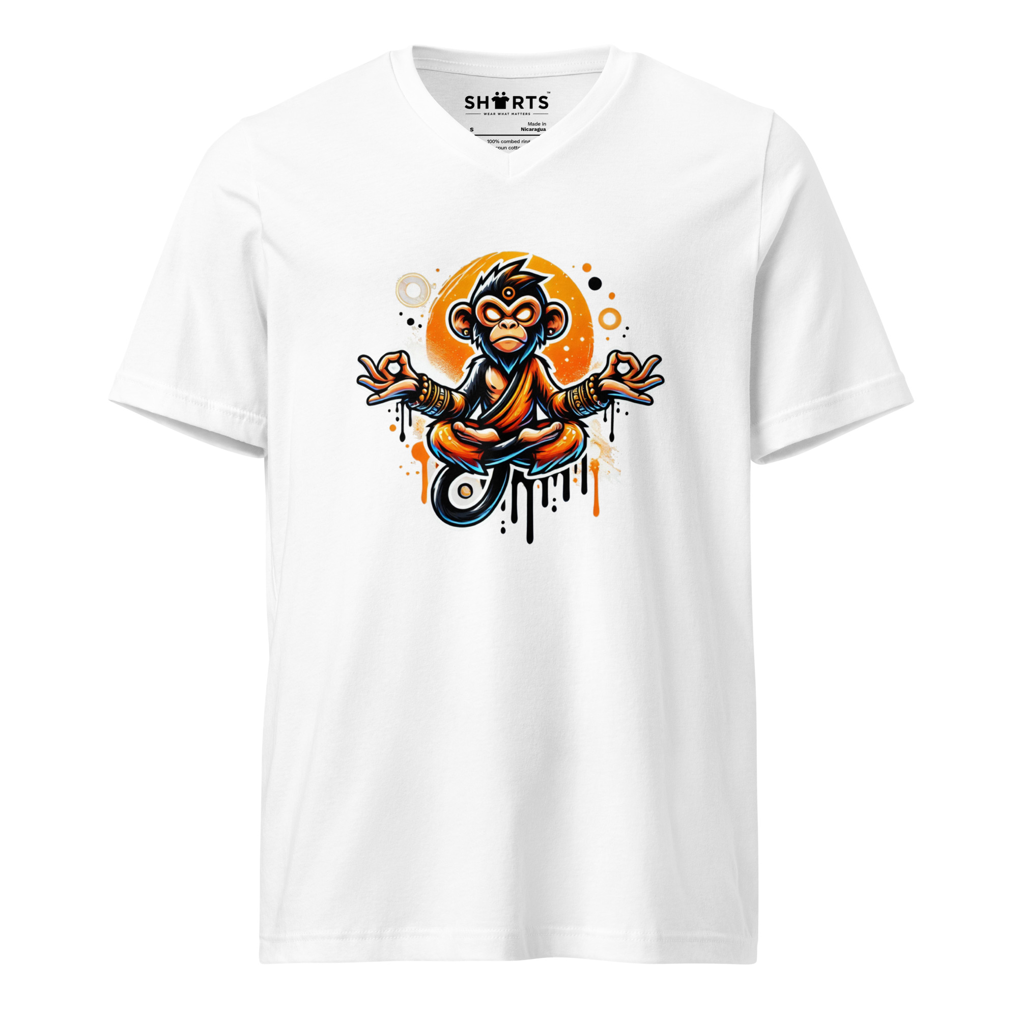 Meditierender Zen Affe Kurzärmeliges Unisex-T-Shirt mit V-Ausschnitt – T-Shirts – SHiiRTS Meditierender Zen Affe Kurzärmeliges Unisex-T-Shirt mit V-Ausschnitt – T-Shirts – SHiiRTS