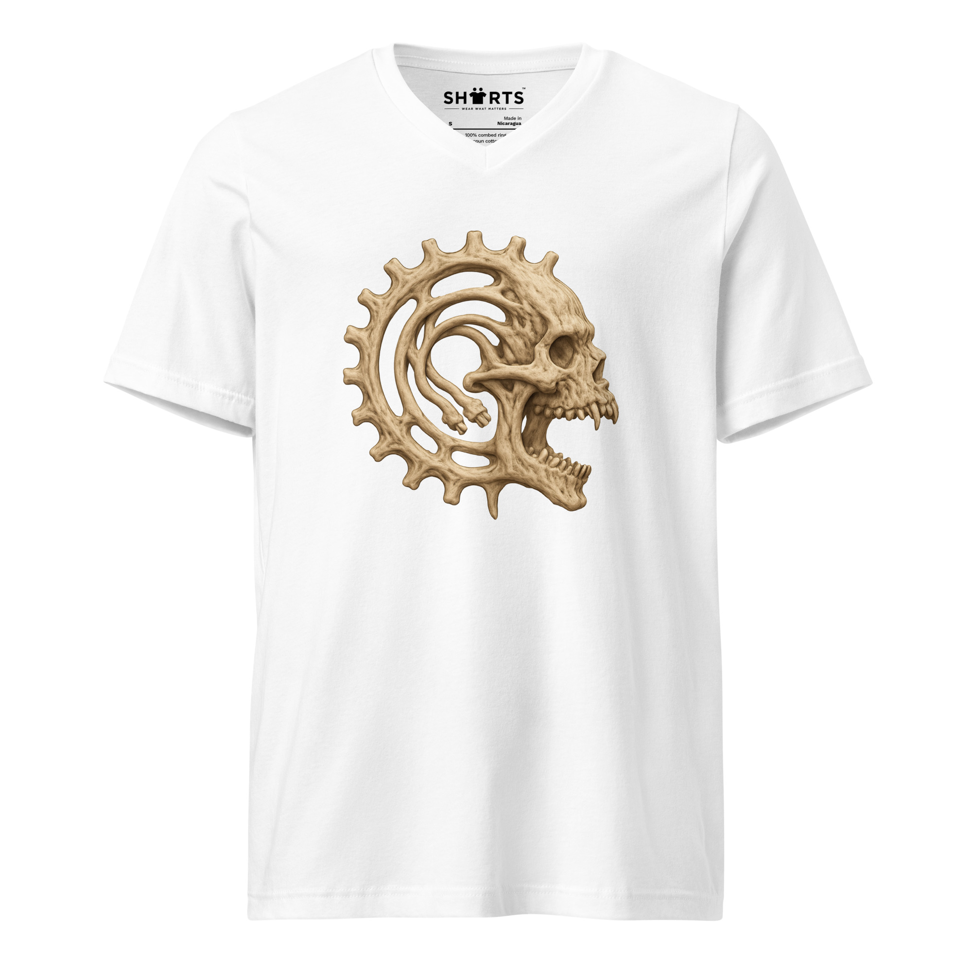 Mechanischer Knochenschädel Kurzärmeliges Unisex-T-Shirt mit V-Ausschnitt – T-Shirts – SHiiRTS Mechanischer Knochenschädel Kurzärmeliges Unisex-T-Shirt mit V-Ausschnitt – T-Shirts – SHiiRTS