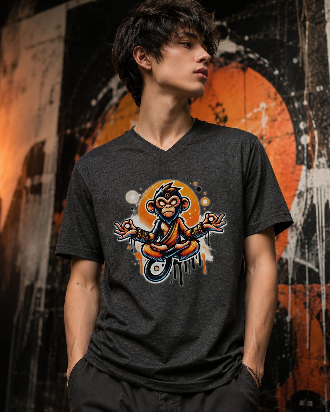 Meditierender Zen Affe Kurzärmeliges Unisex-T-Shirt mit V-Ausschnitt – T-Shirts – SHiiRTS Meditierender Zen Affe Kurzärmeliges Unisex-T-Shirt mit V-Ausschnitt – T-Shirts – SHiiRTS
